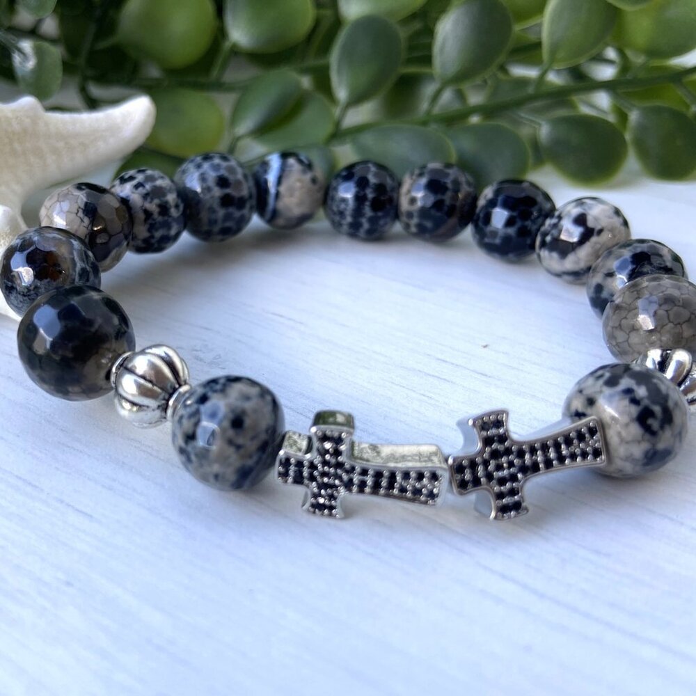 Round Bead Bracelet with Snowflake Obsidian Gemstones and Christ Charm